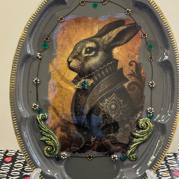 Other - Decoupage Gray Plate with resin pour with Rabbit Design